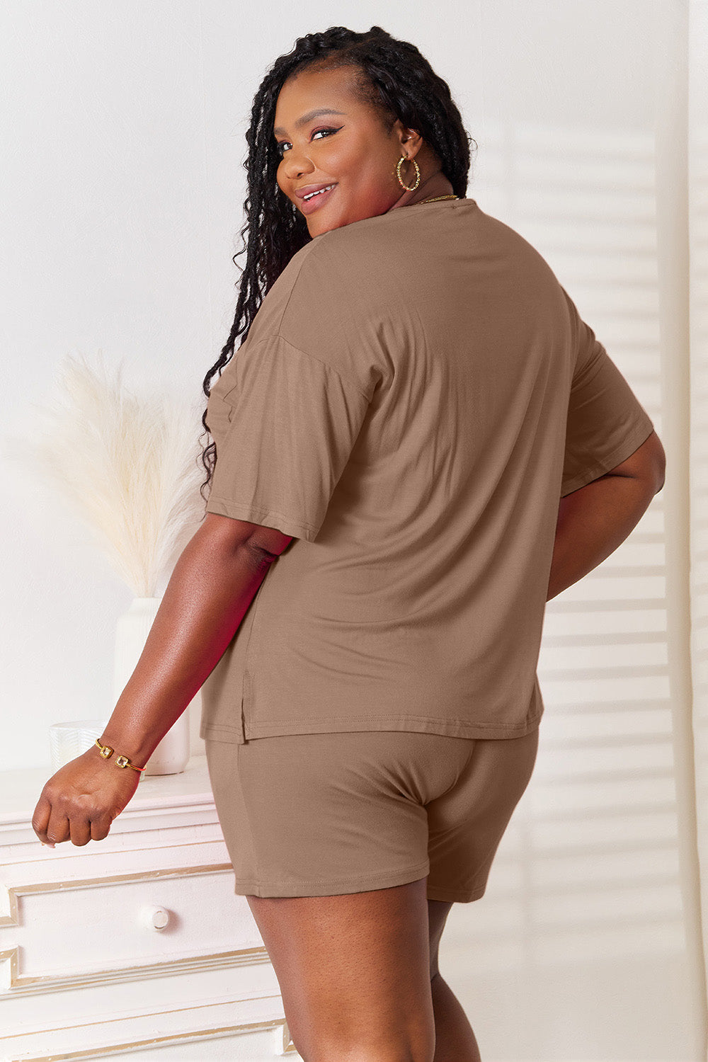 Brown rayon top and shorts set, back view with pocketed top and matching shorts
