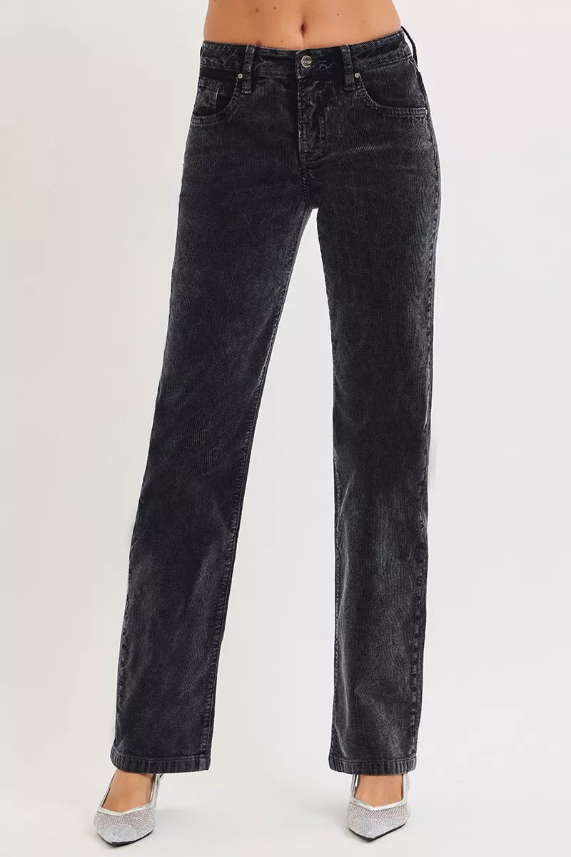 Midnight corduroy straight-leg pants, mid-rise, button front and pockets