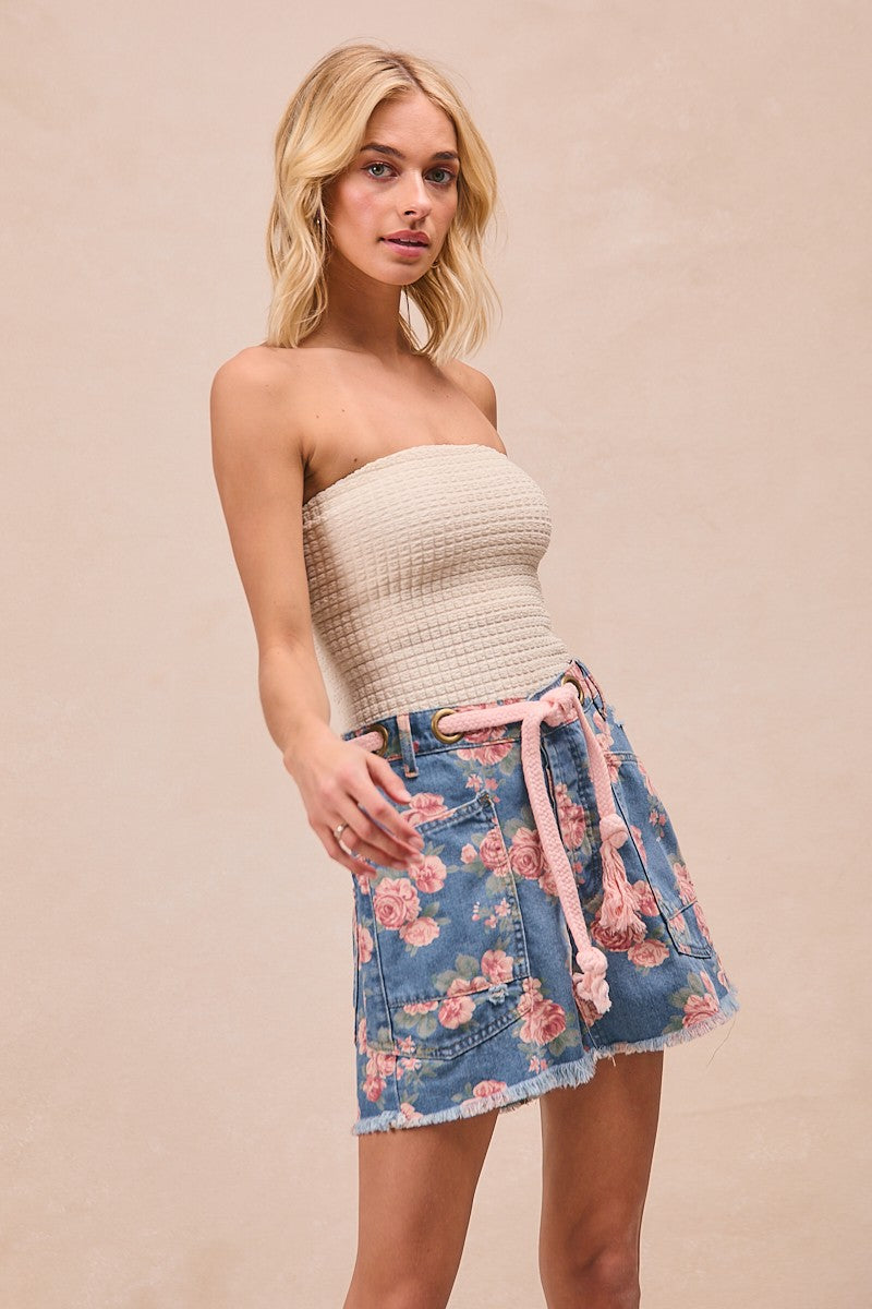 Floral print denim shorts with braided waist belt tie and frayed hem