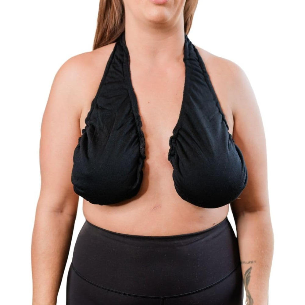 Black halter bra with deep V plunge and ruched texture on soft cups