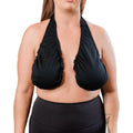 Black halter bra with deep V plunge and ruched texture on soft cups
