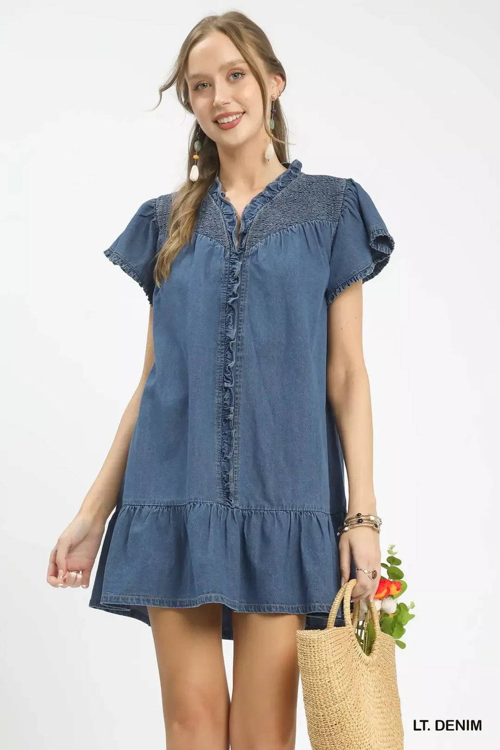 Washed denim dress in LT. denim with ruffled yoke and short sleeves