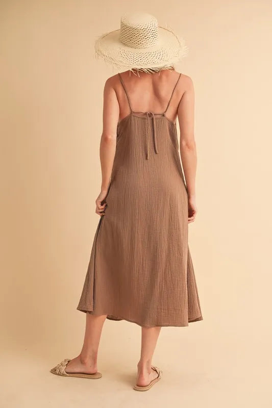 Mocha midi cami dress, open back with adjustable tie straps