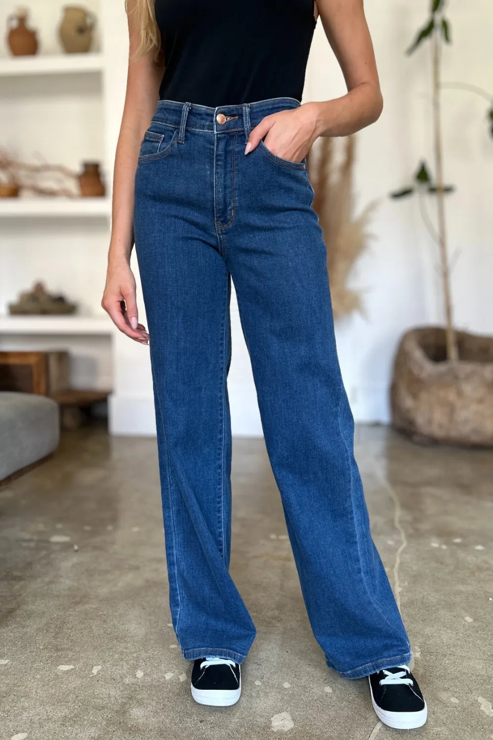 Medium blue high rise straight jeans, full length with cuffed hem and belt loops