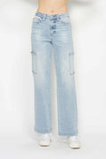 Light blue high-waist straight cargo jeans with front pockets and belt loops