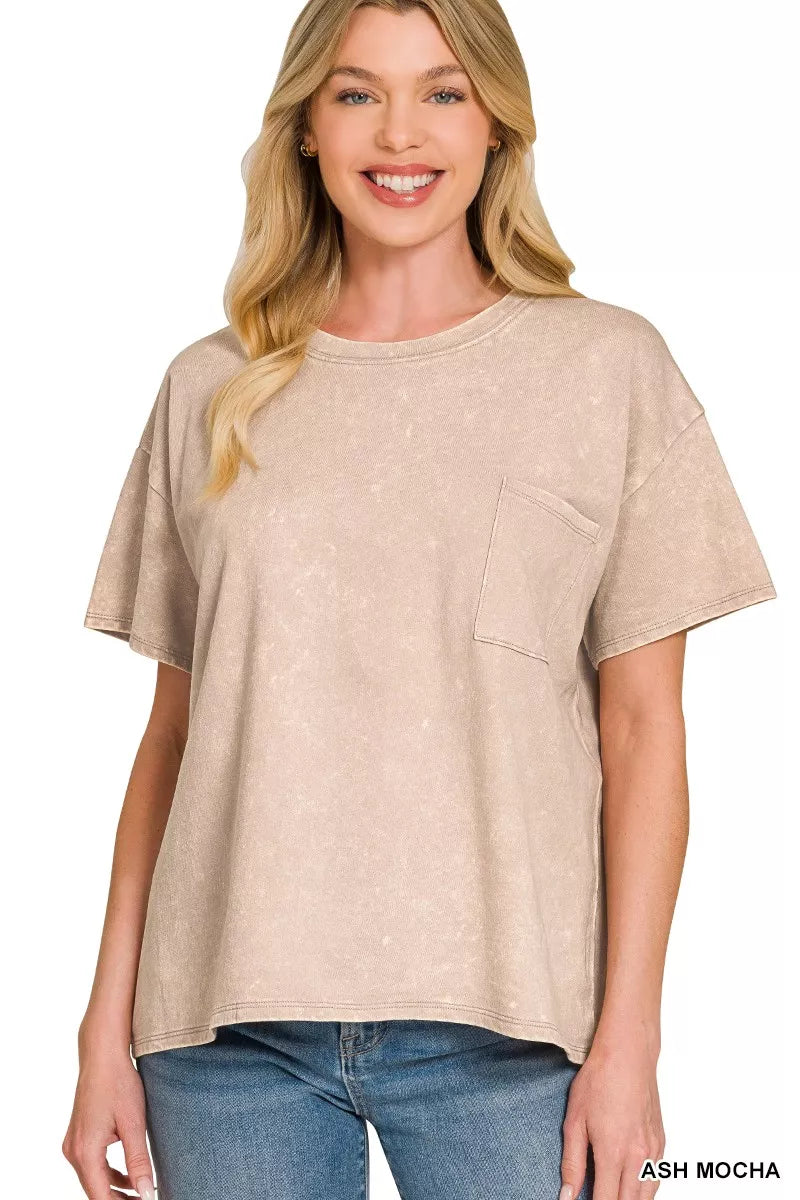 Acid-washed relaxed tee in ASH MOCHA with chest pocket, worn with jeans