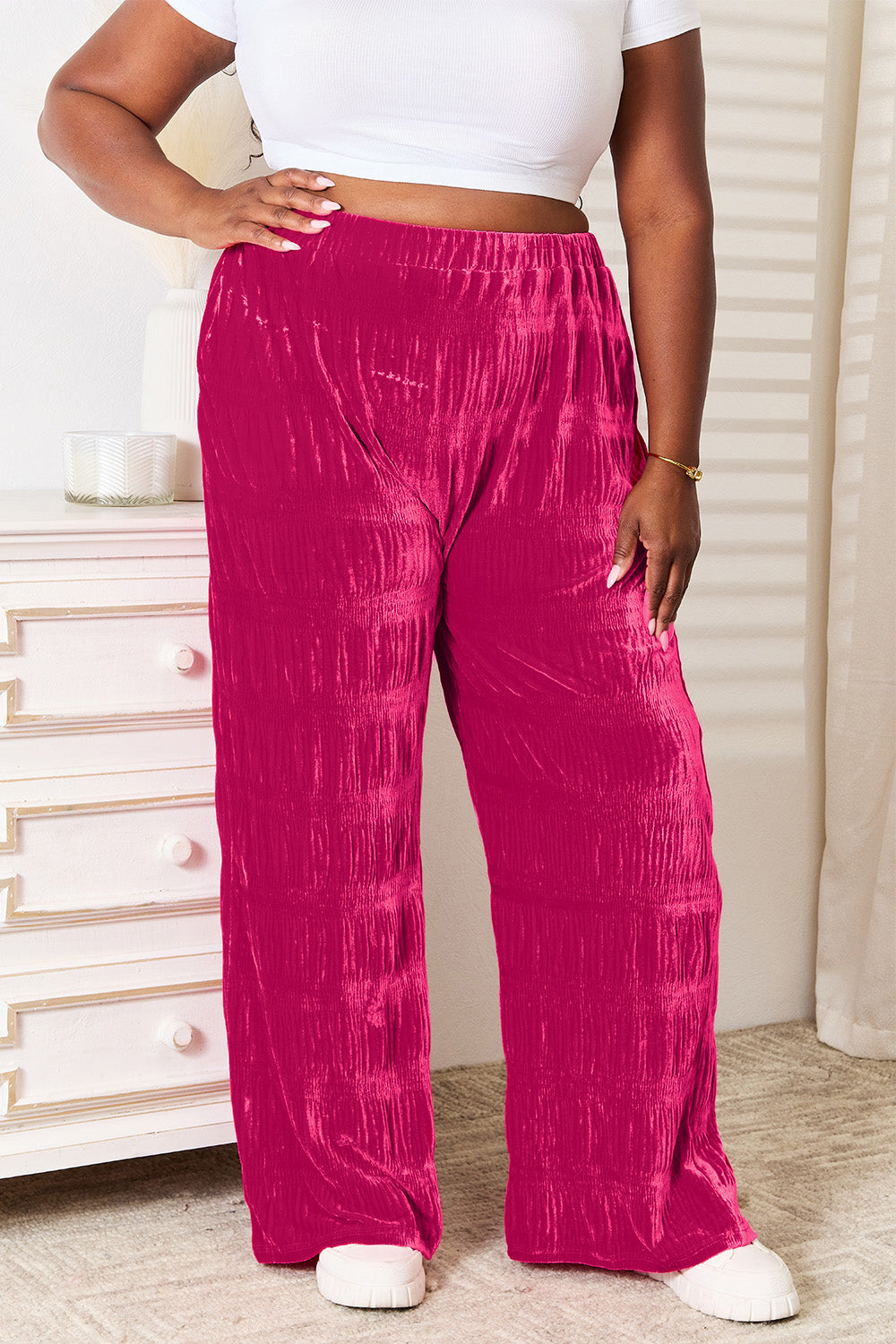 Hot Pink high-waist velvet wide-leg pants with tiered shirring panel detail