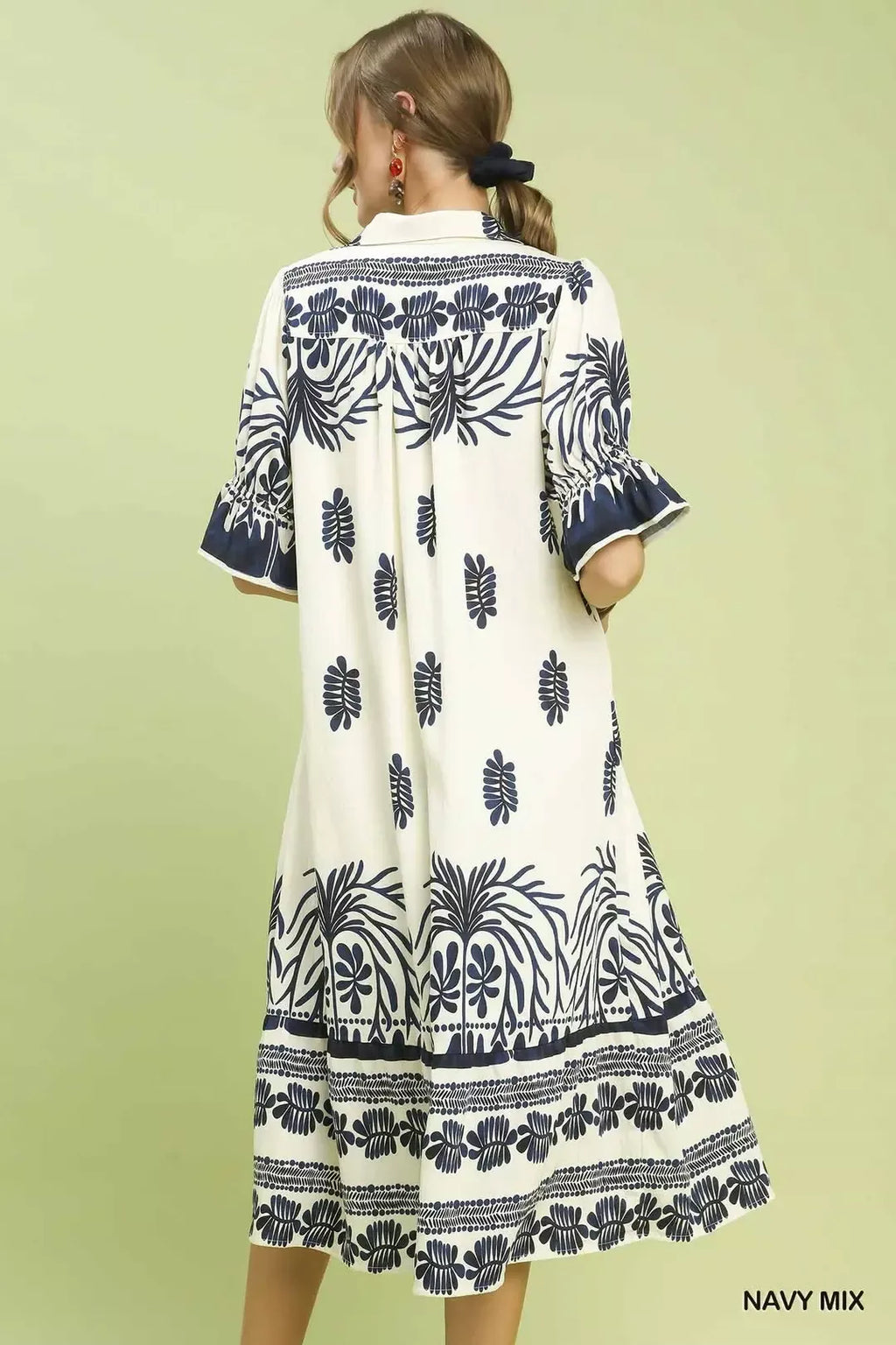 Midikleid mit Puffärmeln, Navy-Mix Randprint, Rückansicht mit gerafftem Rücken