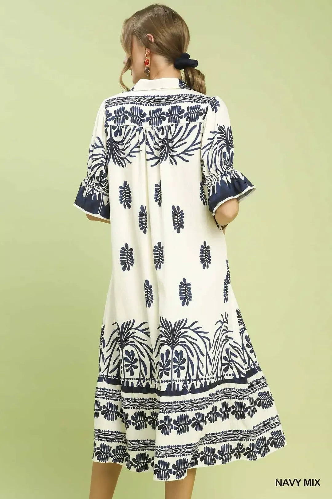 Midikleid mit Puffärmeln, Navy-Mix Randprint, Rückansicht mit gerafftem Rücken