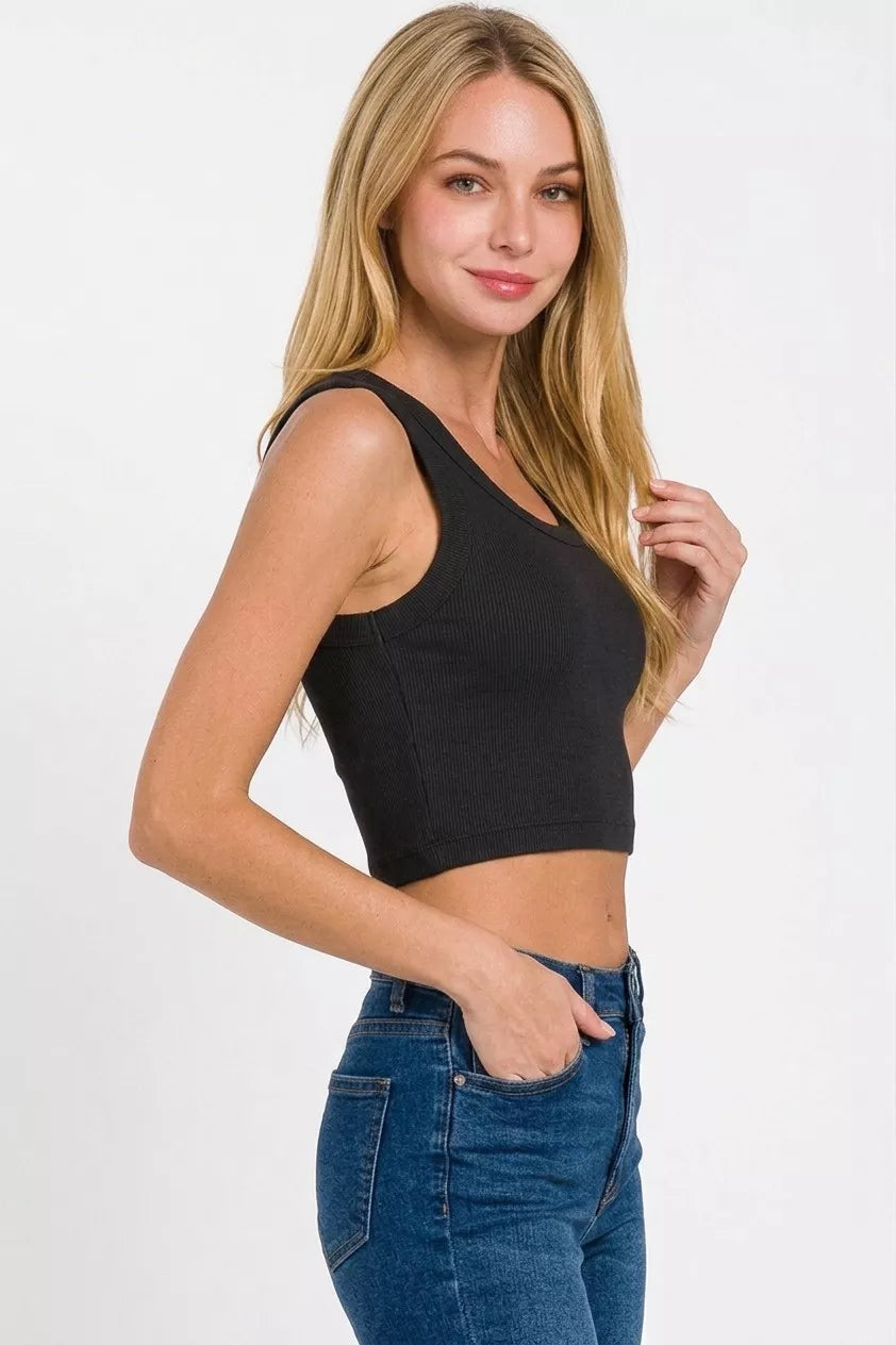 Black ribbed cropped tank top with scooped neckline and sleeveless fit