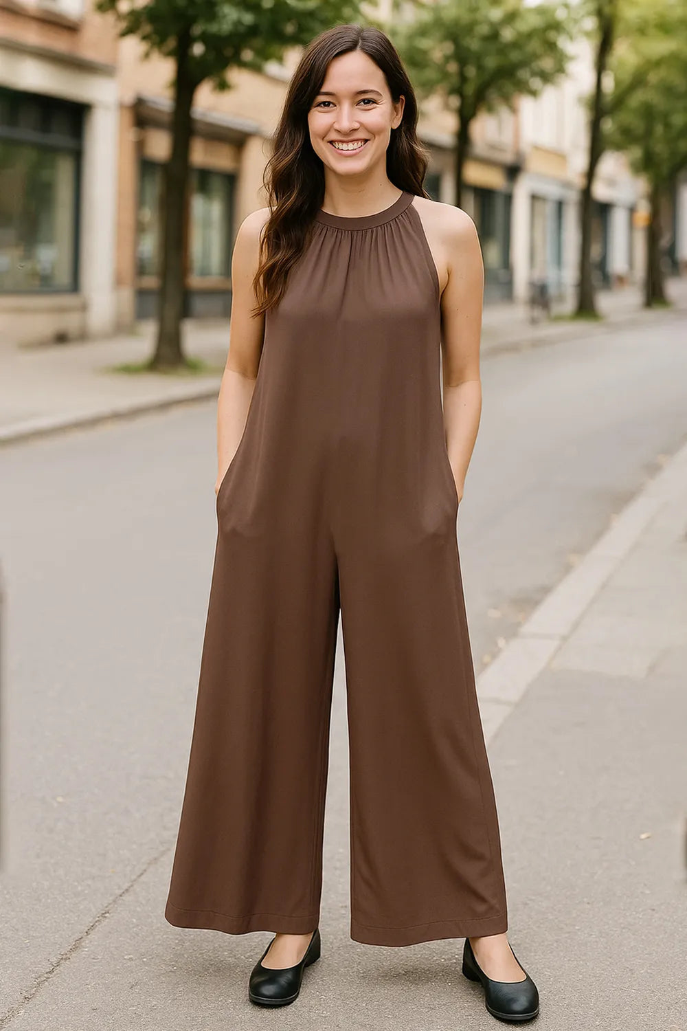 Tie-back cutout sleeveless jumpsuit, brown, wide-leg full length