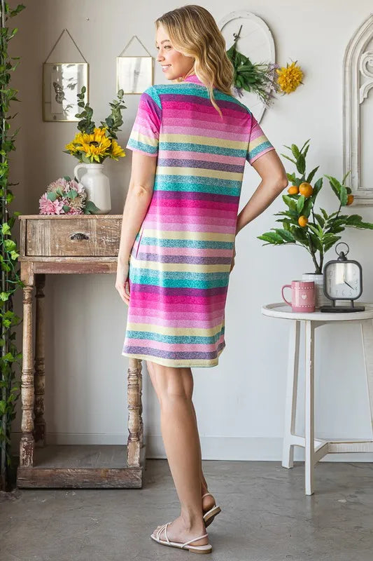Pink multi striped mini tee dress, short sleeves, button-front polo style back view