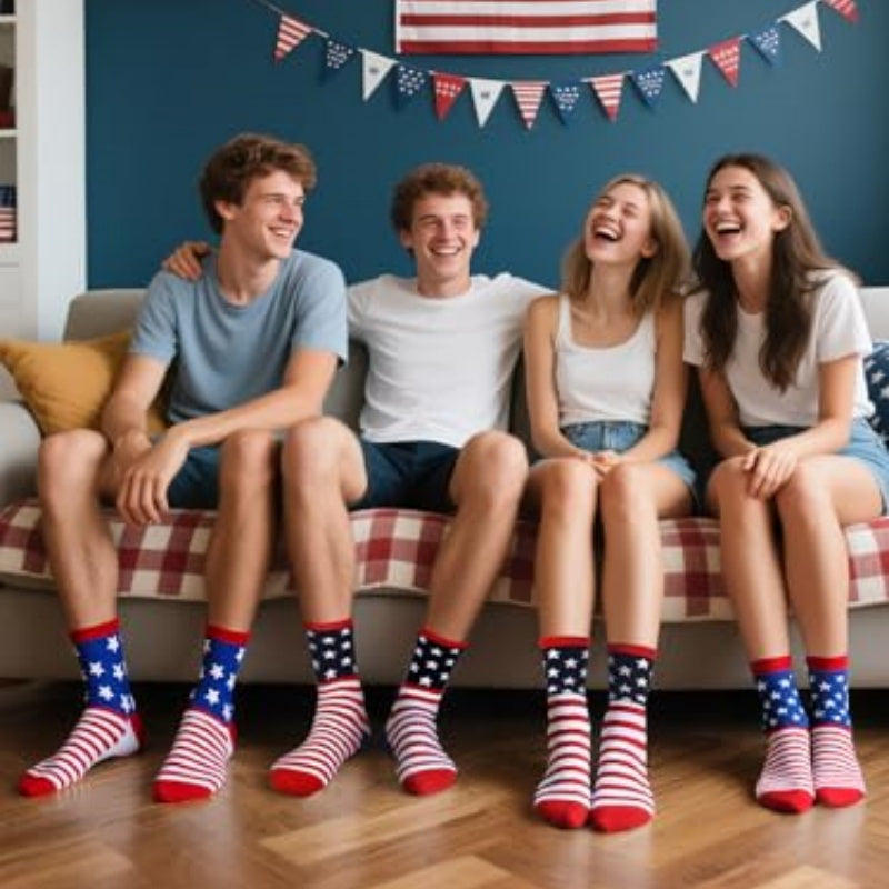 Patriotic crew socks with red stripes, blue stars, and “Proud to be American” text