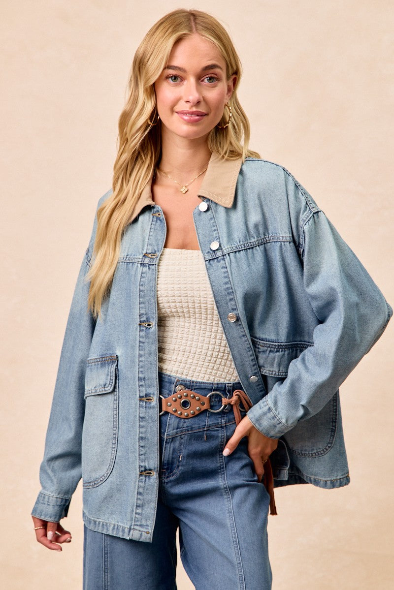 Washed denim jacket with contrast tan collar and front button placket