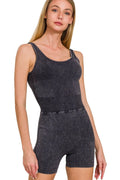 Washed black sports romper with knit shorts and scoop neckline