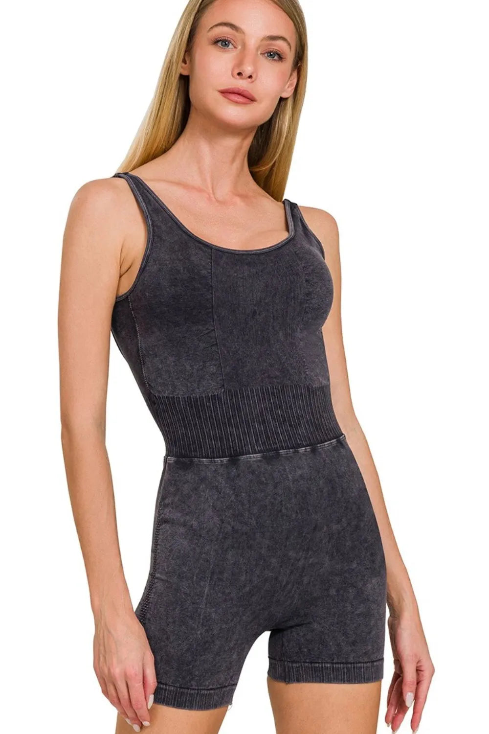Washed black sports romper with knit shorts and scoop neckline