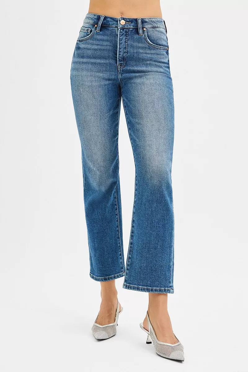 Medium-wash straight high-rise crop jeans, back view with center-back seam