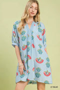 Light blue mini dress with colorful bird and leaf print, V-neck