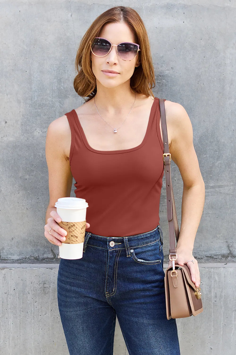 Rust-brown square-neck wide-strap tank, fitted sleeveless top for full size.