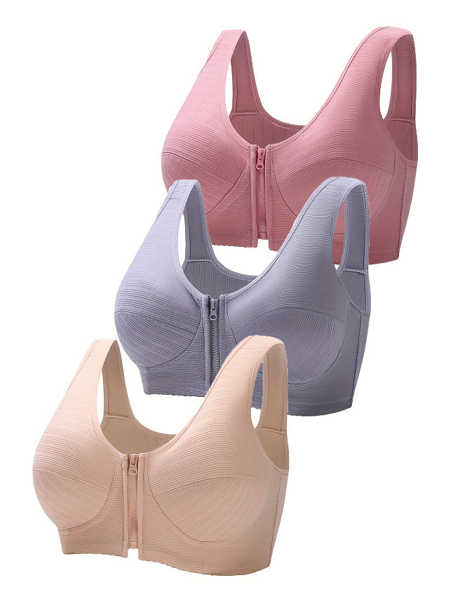 3-pack underwire vest-style bras, pink, lavender, and nude beige tones