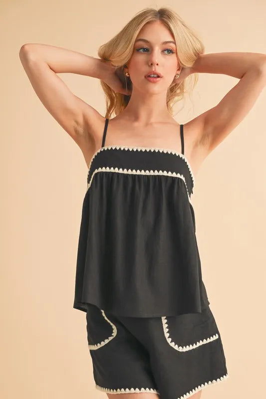 Black rickrack-trim cami set with scalloped edge and thin spaghetti straps