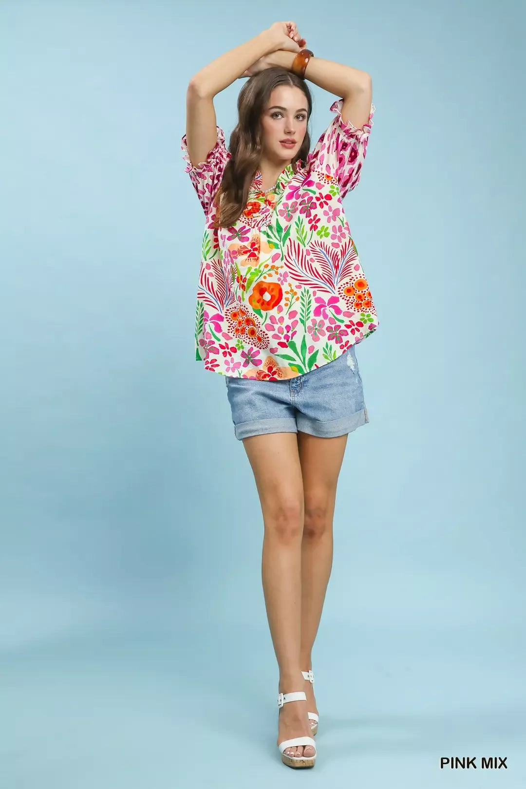 V-neck ruffle-trim puff-sleeve top with bright pink mix floral print and gathered sleeves