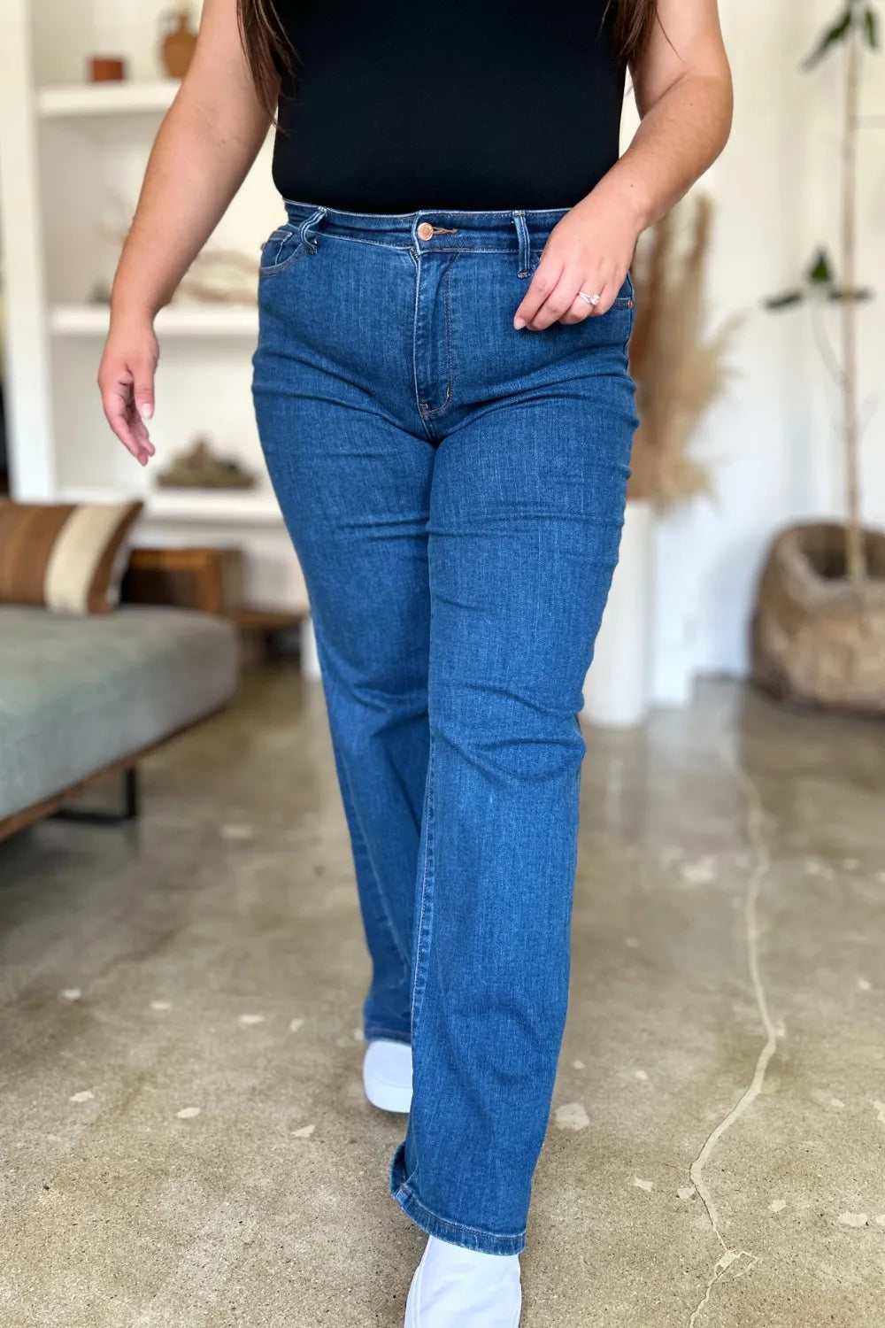 Judy Blue High Rise Straight jeans, medium blue wash, button fly, front view