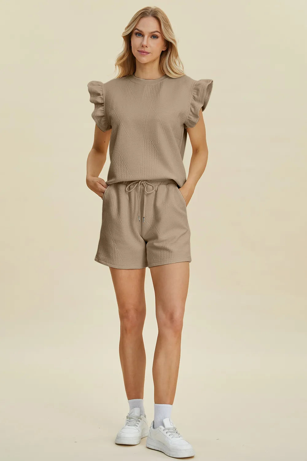 Khaki textured ruffle sleeve top and drawstring shorts set, full-body view