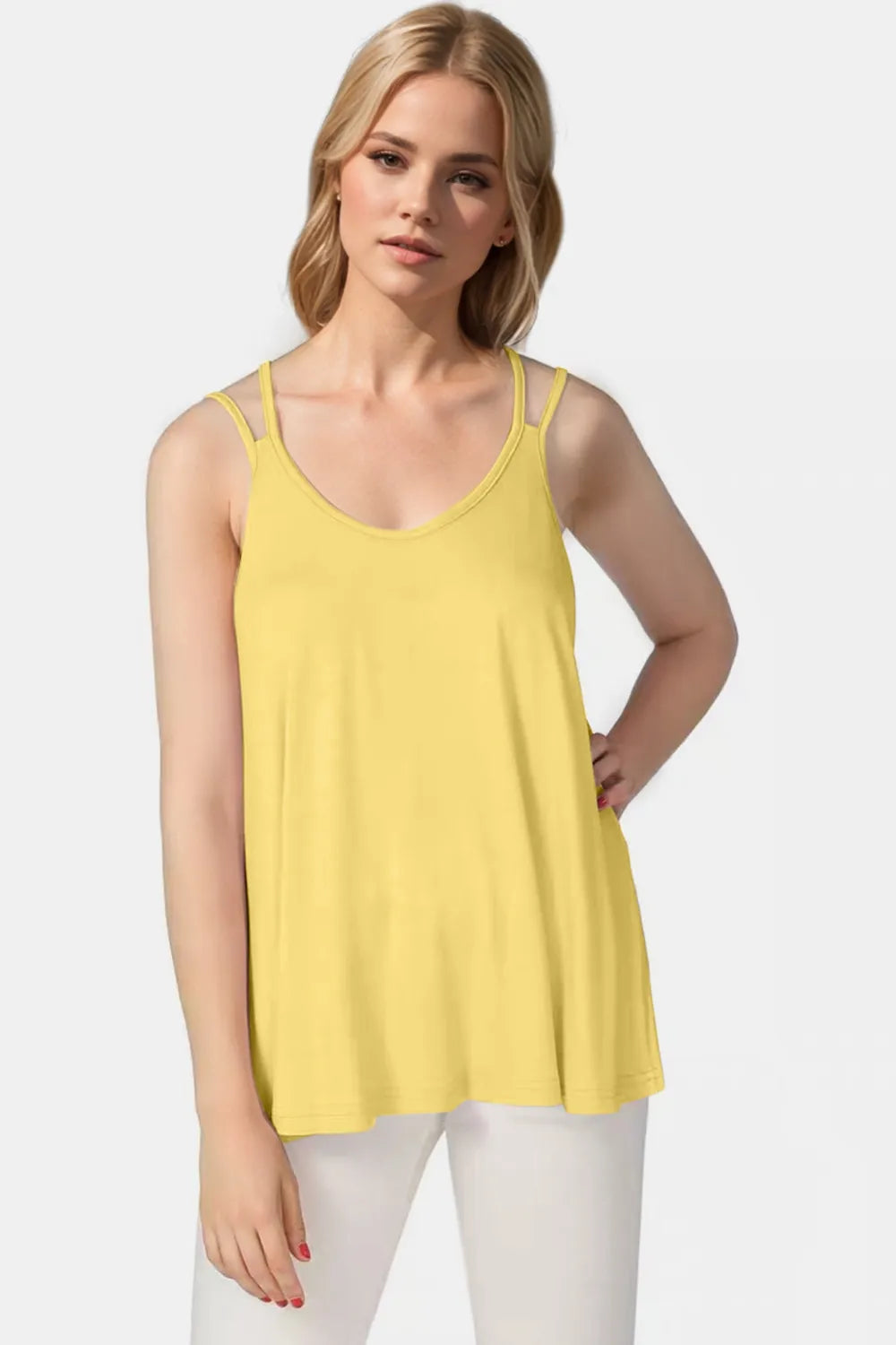 Bamboo scoop neck cami in light yellow with double spaghetti straps—front view
