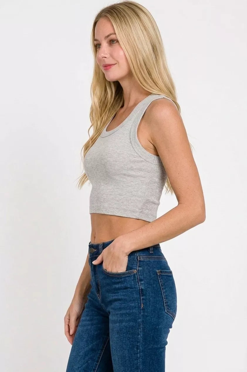 Side view: H Grey ribbed scoop-neck cropped tank top