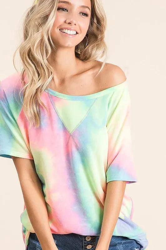 Off-shoulder style pastel tie-dye French terry top, short sleeves, crew neck