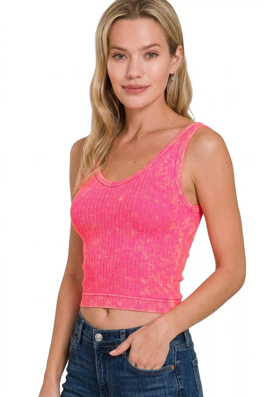 Coral fuchsia washed ribbed seamless cropped tank with V-neck and narrow straps