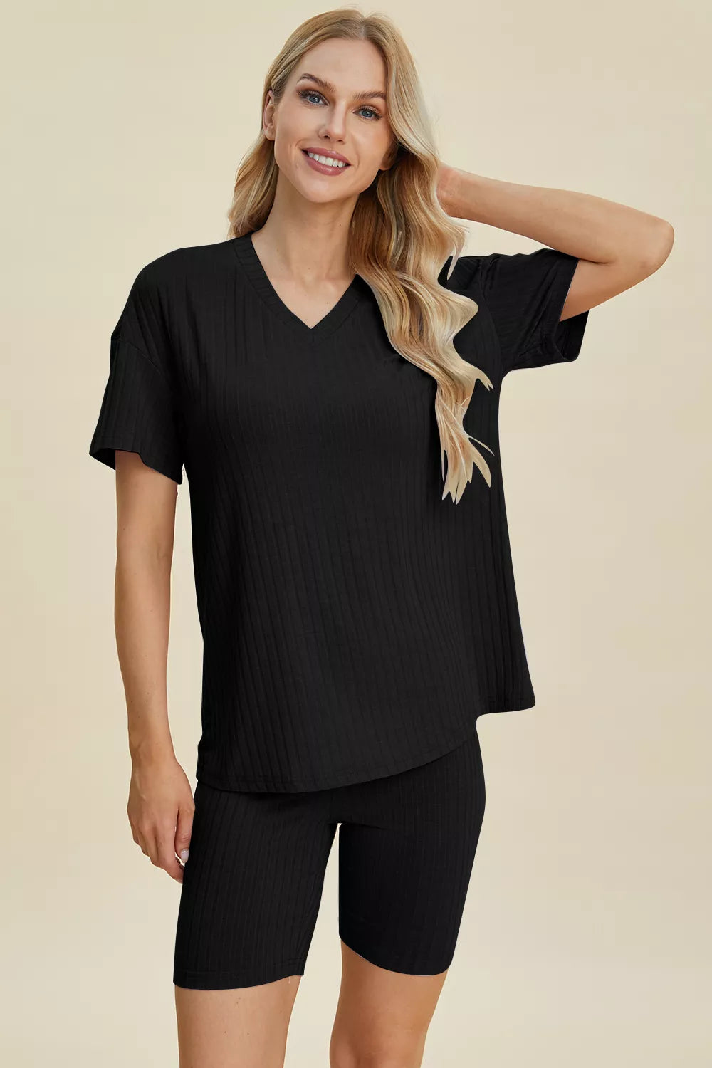 Ribbed v-neck short sleeve top and matching shorts set, black, coordinated knit set