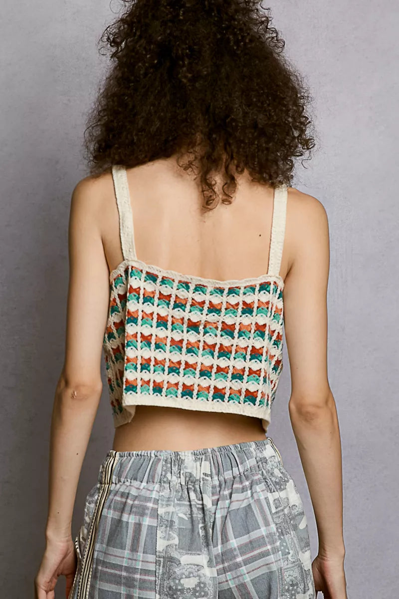 Back view of cropped crochet cami in green multi stripes with scalloped edge