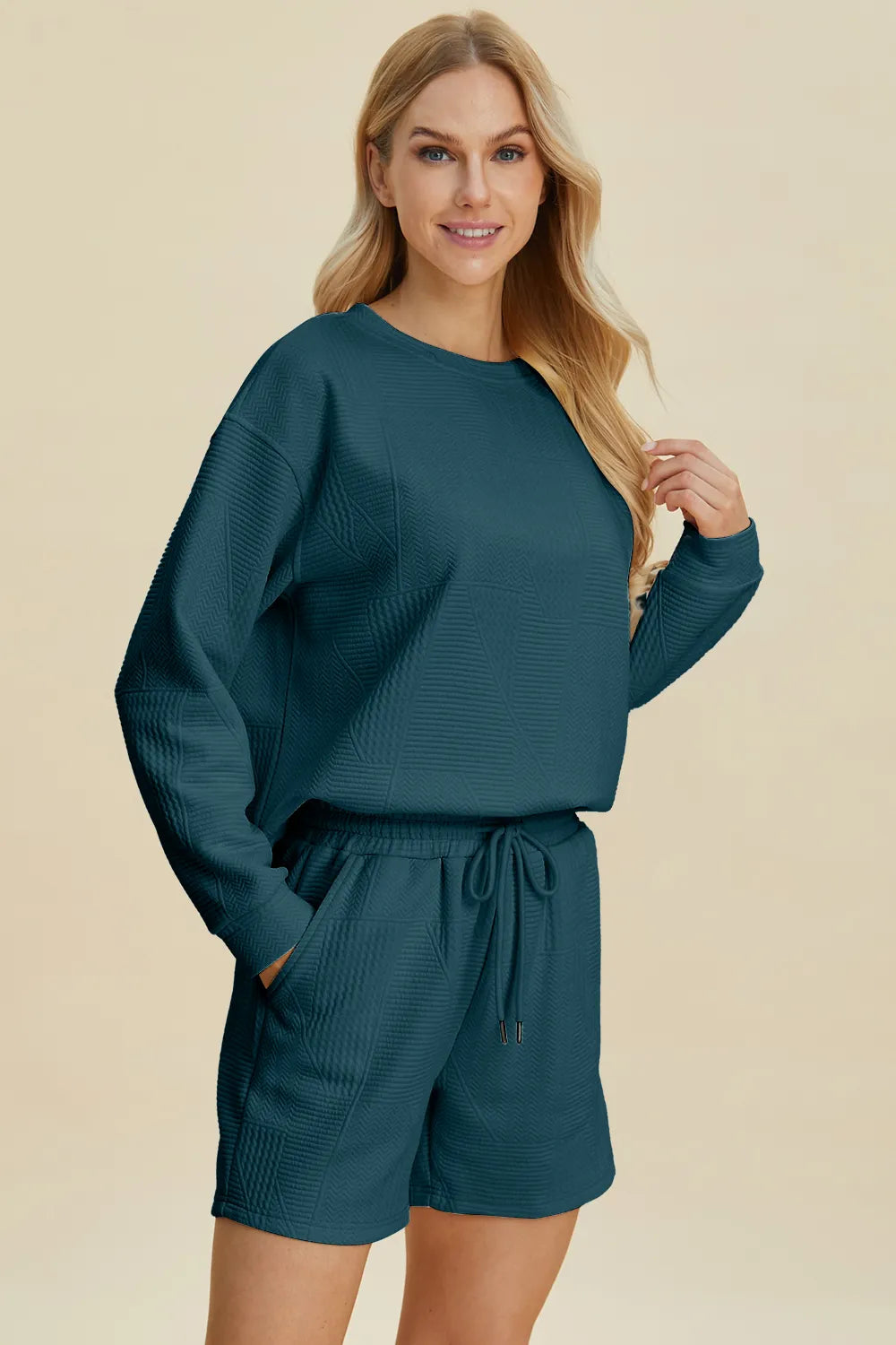 Peacock blue textured crewneck long-sleeve top with drawstring waist shorts set.