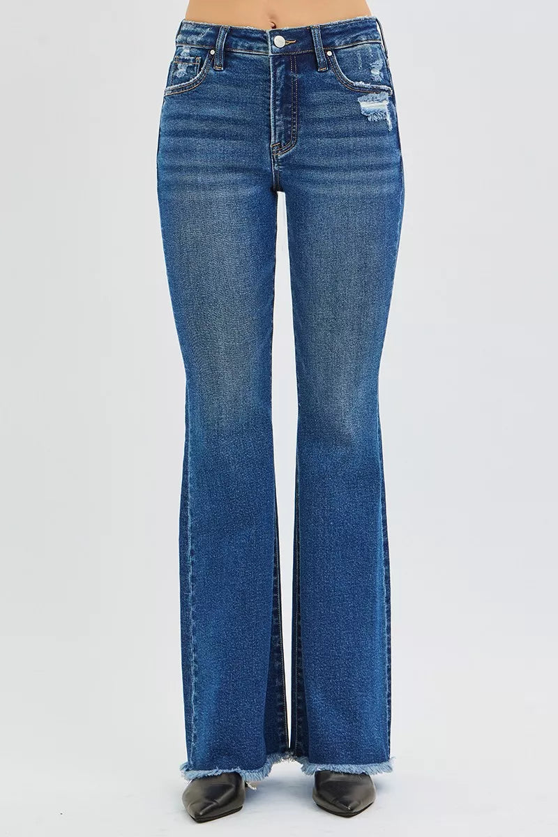 High-rise flare jeans in dark wash blue denim with five-pocket styling and contrast stitching.