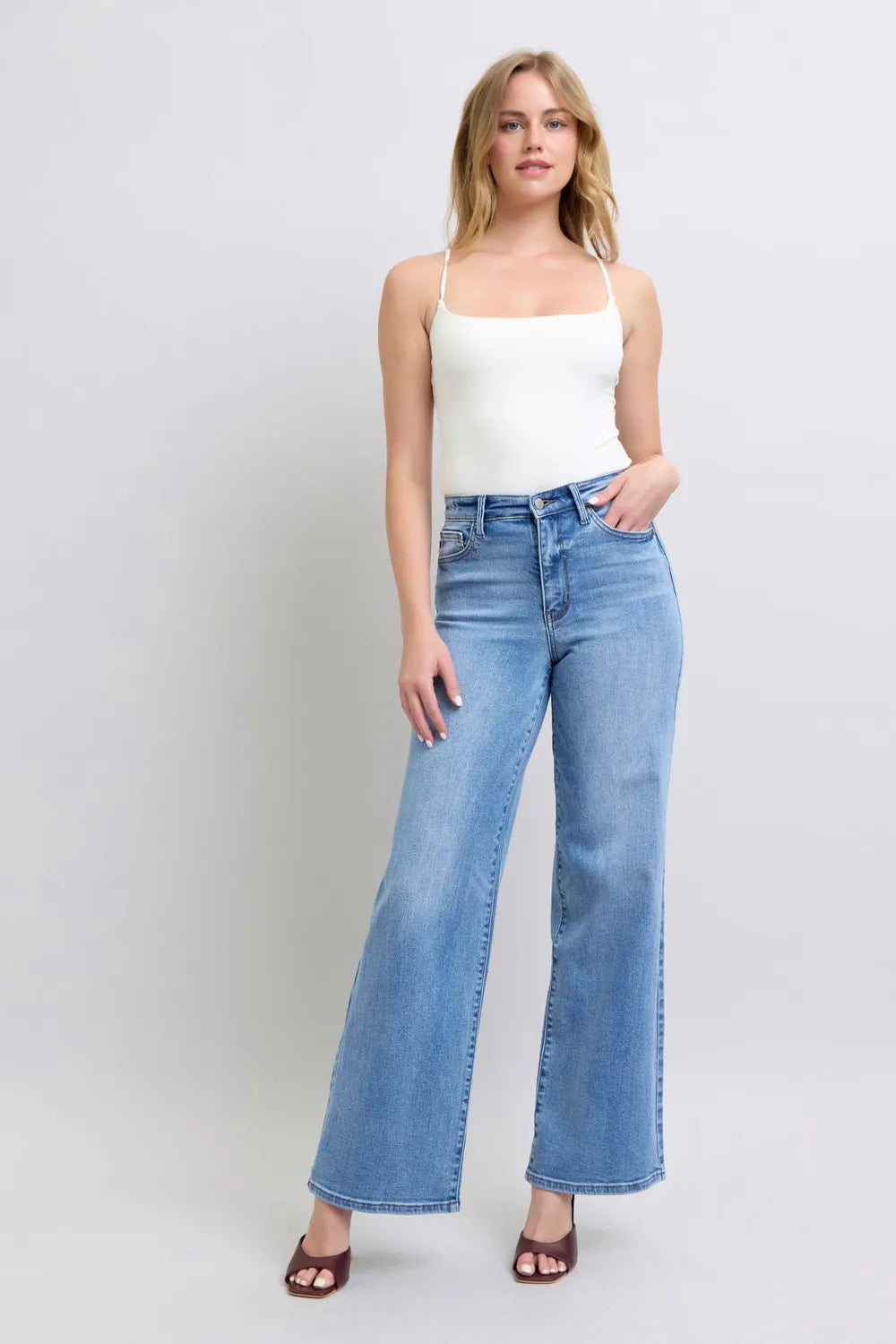 Plus-size wide-leg jeans, medium wash, front pockets and button-and-zip fly