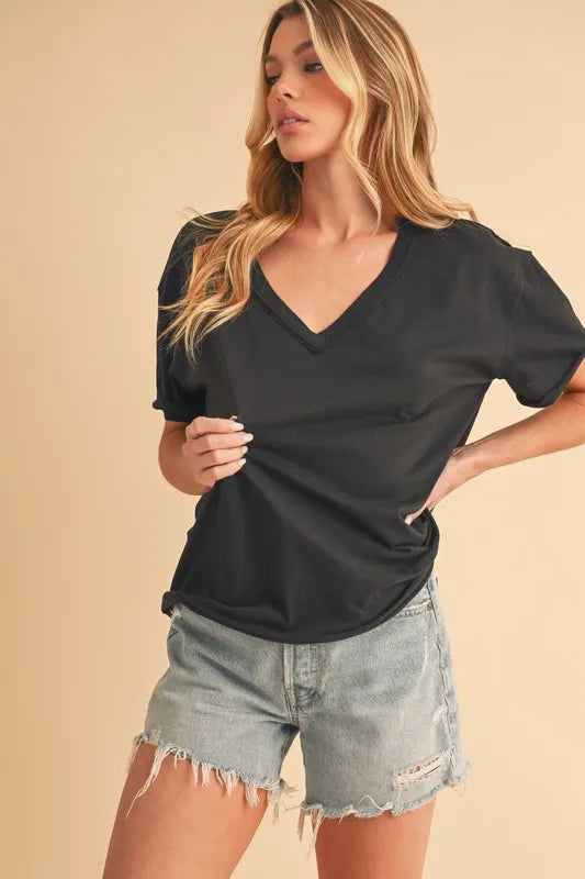 Aemi+Co V-neck short-sleeve T-shirt, black, draped front fit