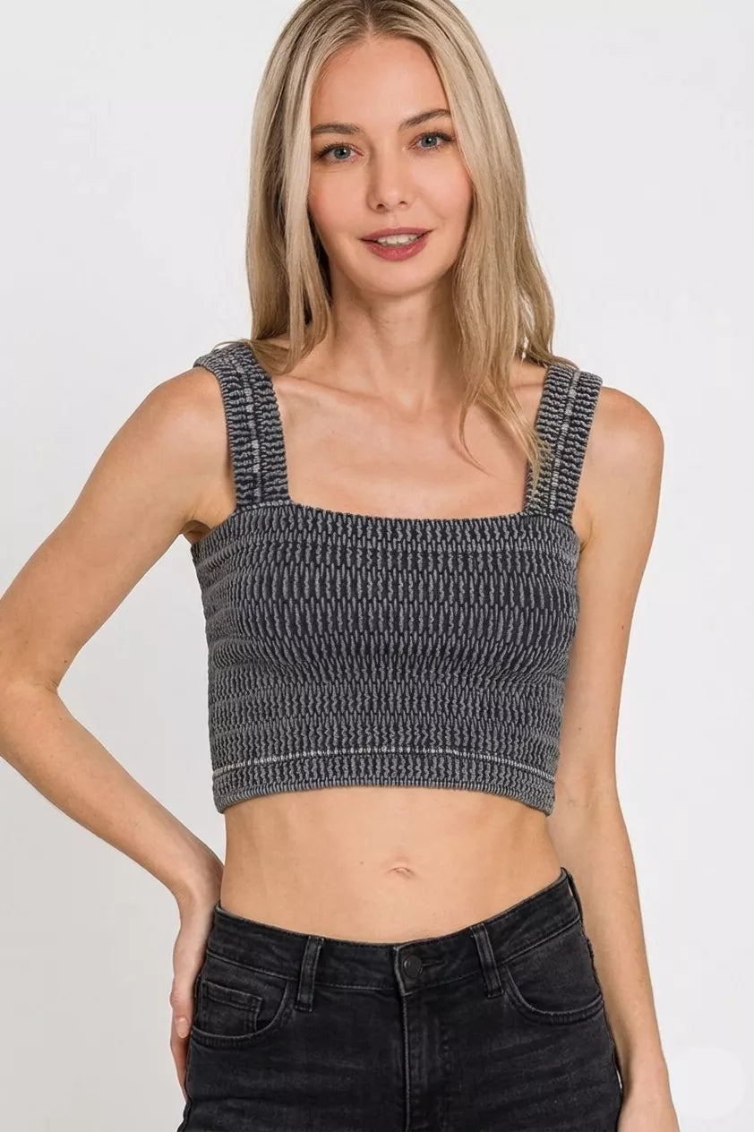 Black square-neck knit bra top with wide straps, seamless winkle-stonewashed finish