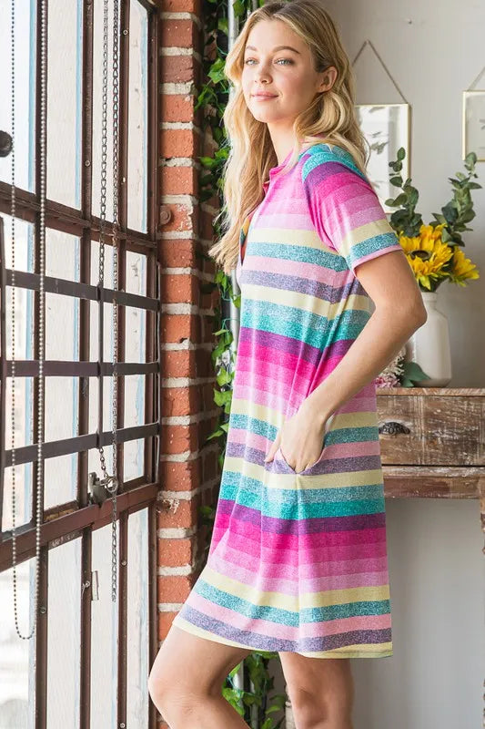 Pink multi striped mini tee dress with short sleeves and side profile fit