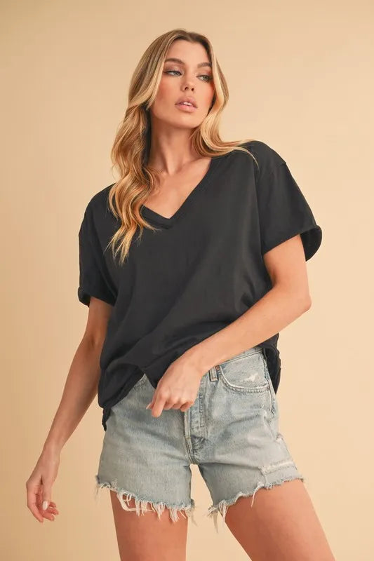 Black V-neck short-sleeve T-shirt, front view with wide neckline opening