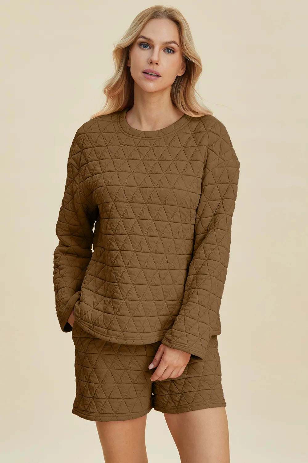 Coffee brown quilted long-sleeve round-neck top and matching shorts with elastic waist