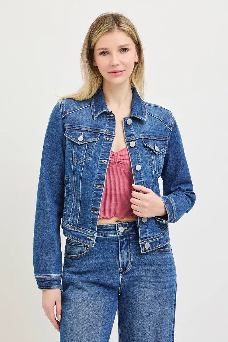 Medium-wash fitted denim jacket with snap pockets, button front, and long sleeves