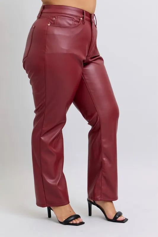 Red faux leather straight pants, high waist with belt loops and button fly