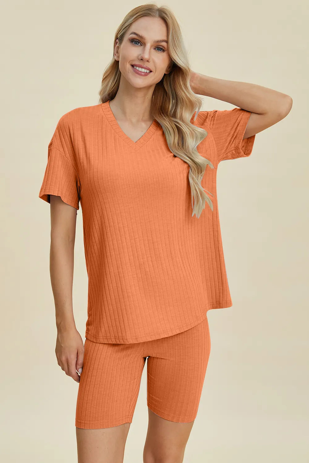 Ribbed v-neck short sleeve top and matching shorts set, orange, coordinated knit set