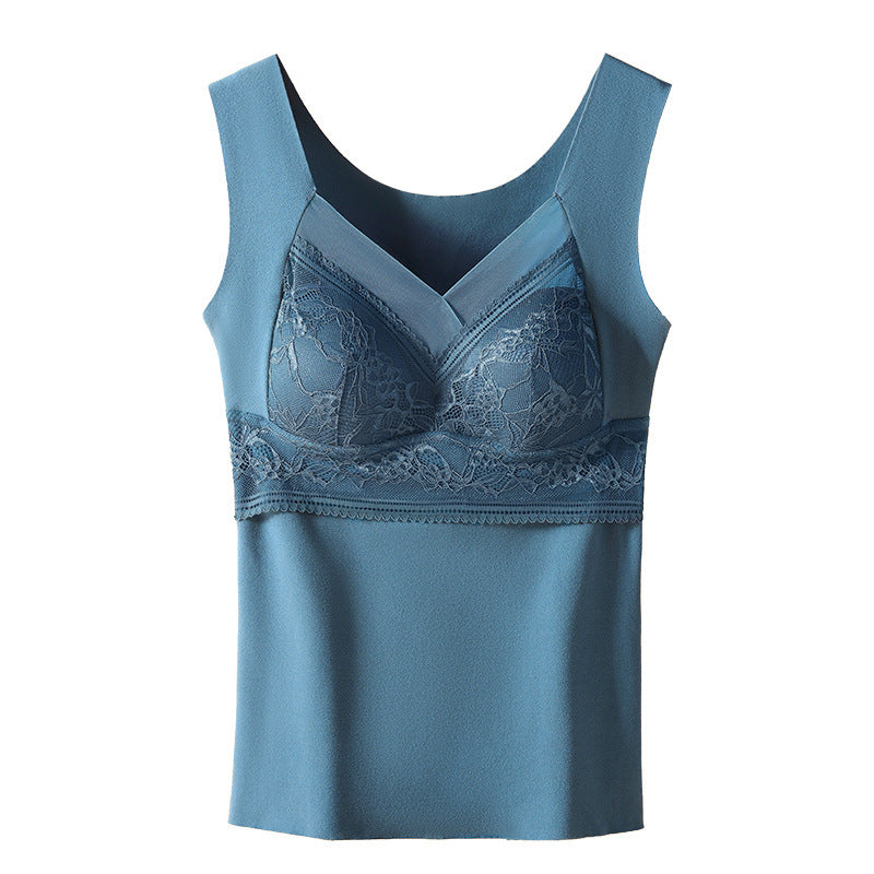 Thermal padded wireless bra, teal, with lace cup panel and scalloped hem