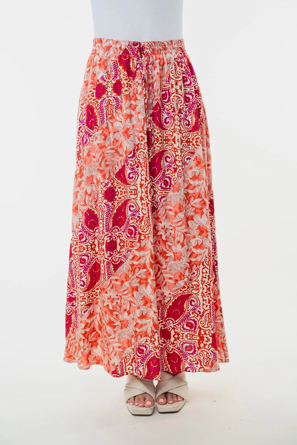 Orange floral woven skirt, high-waist elastic, all-over paisley pattern