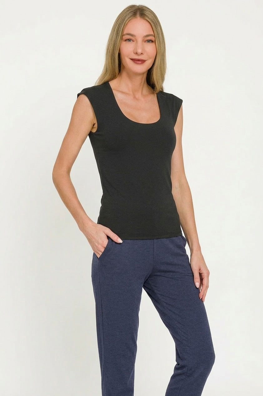 Black Zenana double-layer sleeveless top with scoop neck and smooth fitted hem