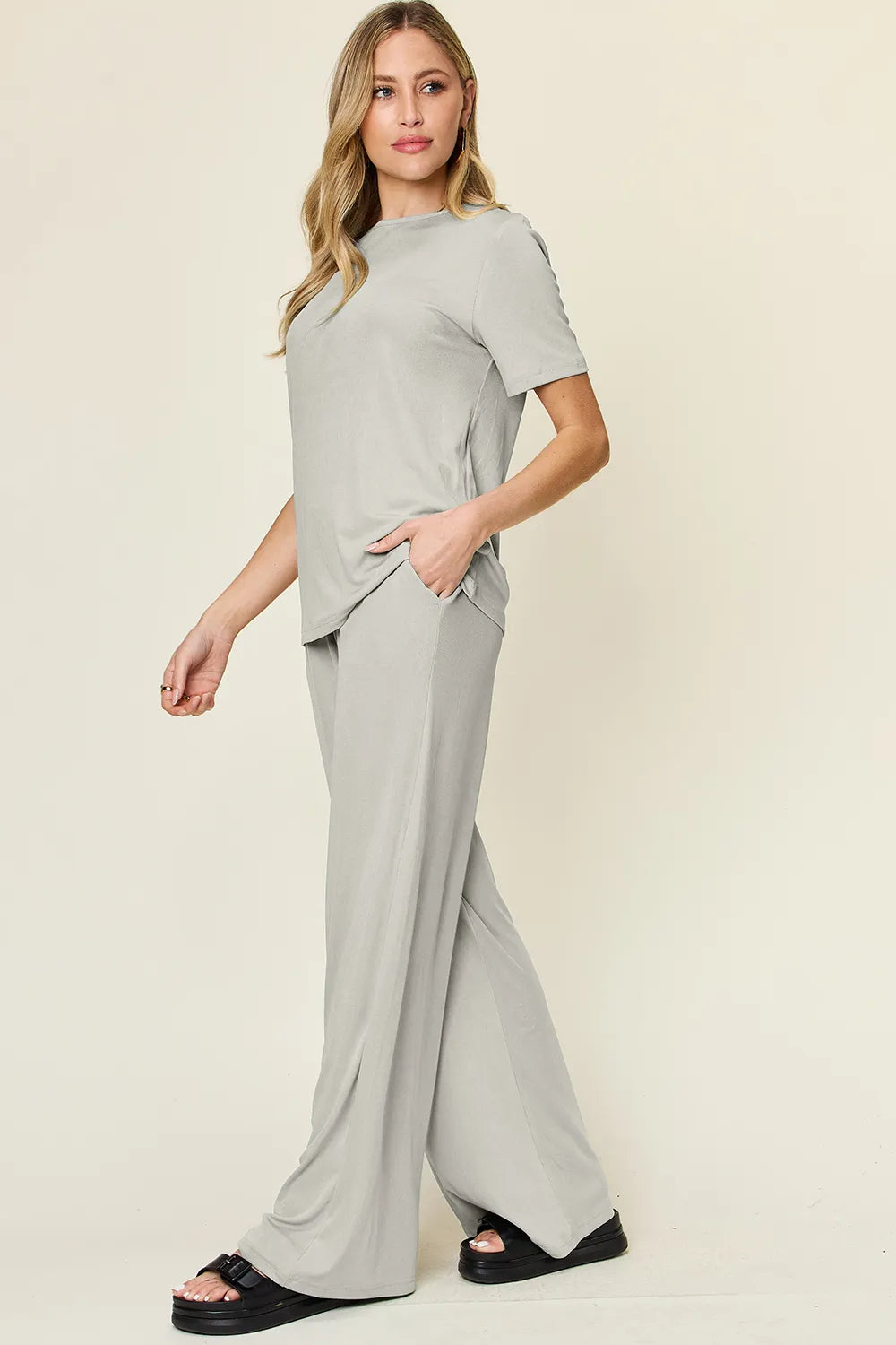 Light Gray short-sleeve T-shirt with matching wide-leg pants