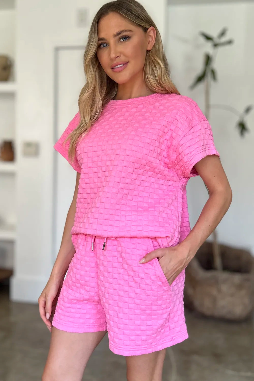 Pink textured lounge set: crew neck T-shirt and matching drawstring waist shorts